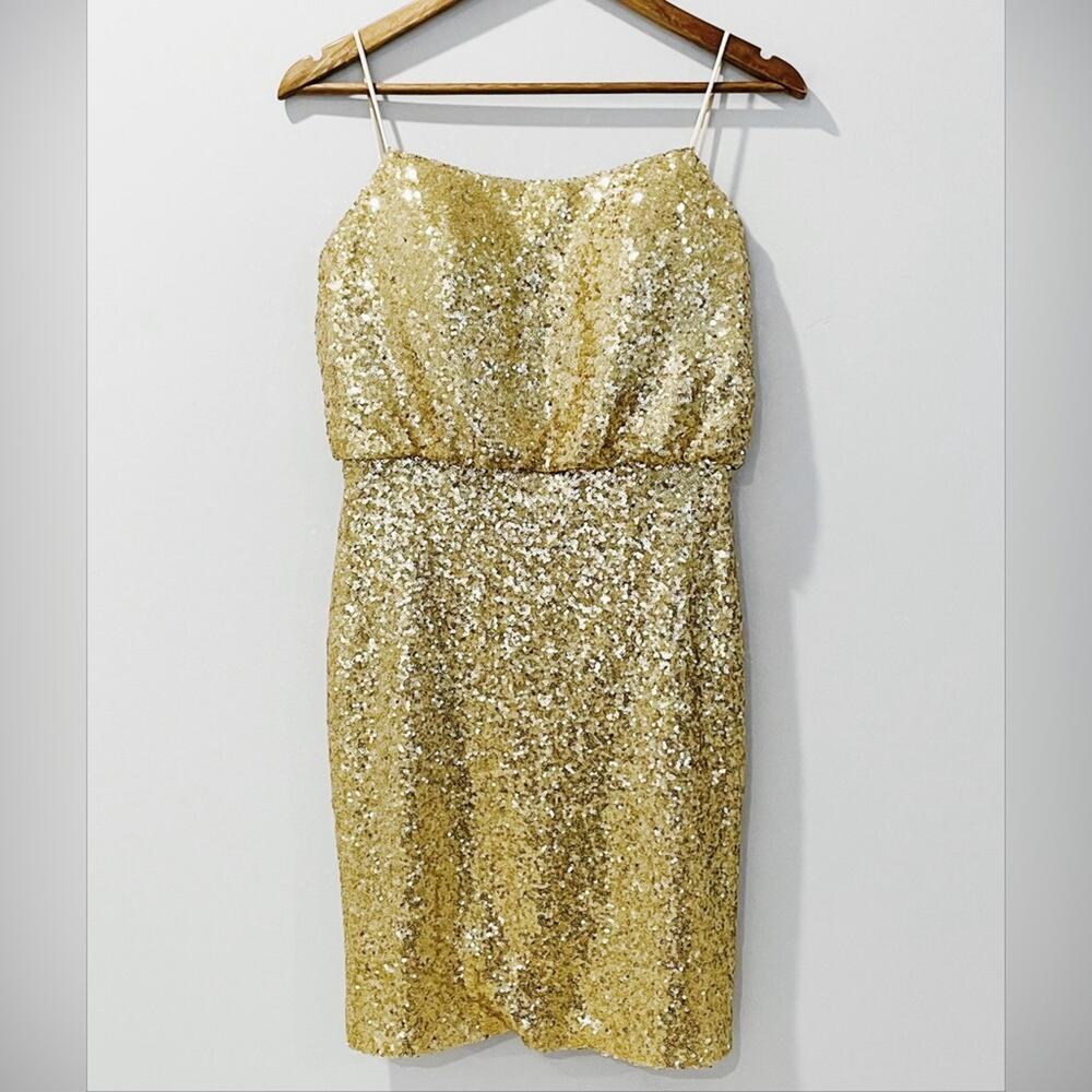 Christina Wu Gold Sequins Sheath Mini Dress Spaghetti Straps Size 8 EUC
